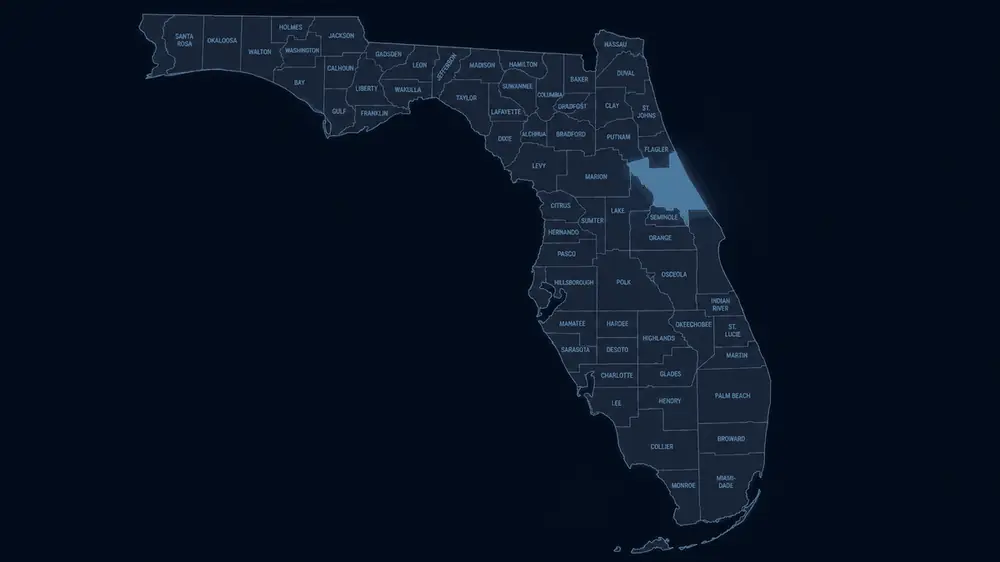 Stylized Florida county map highlighting Volusia County for Dragline Data LLC service area